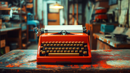close up of an orange typewriter in working room