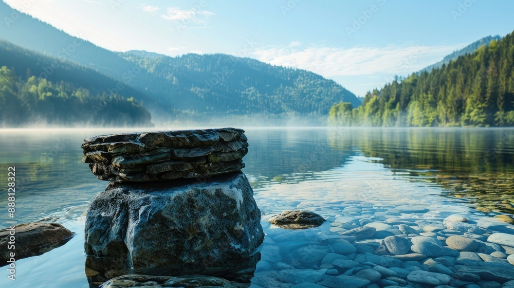 Poster a stone pedestal display sits on the still surface of a lake in the morning light, with a picturesqu