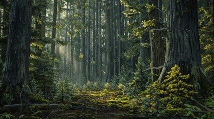 Fototapeta premium Wide shot of an old-growth forest with towering trees. 