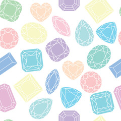 Colored flat style diamond background. Precious stones and diamonds, jewelry gems seamless pattern. Different forms of cutting in delicate bright colors that resemble candies.