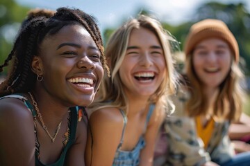 Fototapeta premium A group of friends enjoying a sunny day at the park, all smiling and laughing together. The diverse group showcases various ages and ethnicities, united by their joy and camaraderie. The green