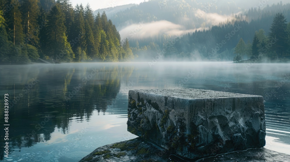 Poster a stone pedestal display on a tranquil lake with a forested backdrop and misty mountains in the morn