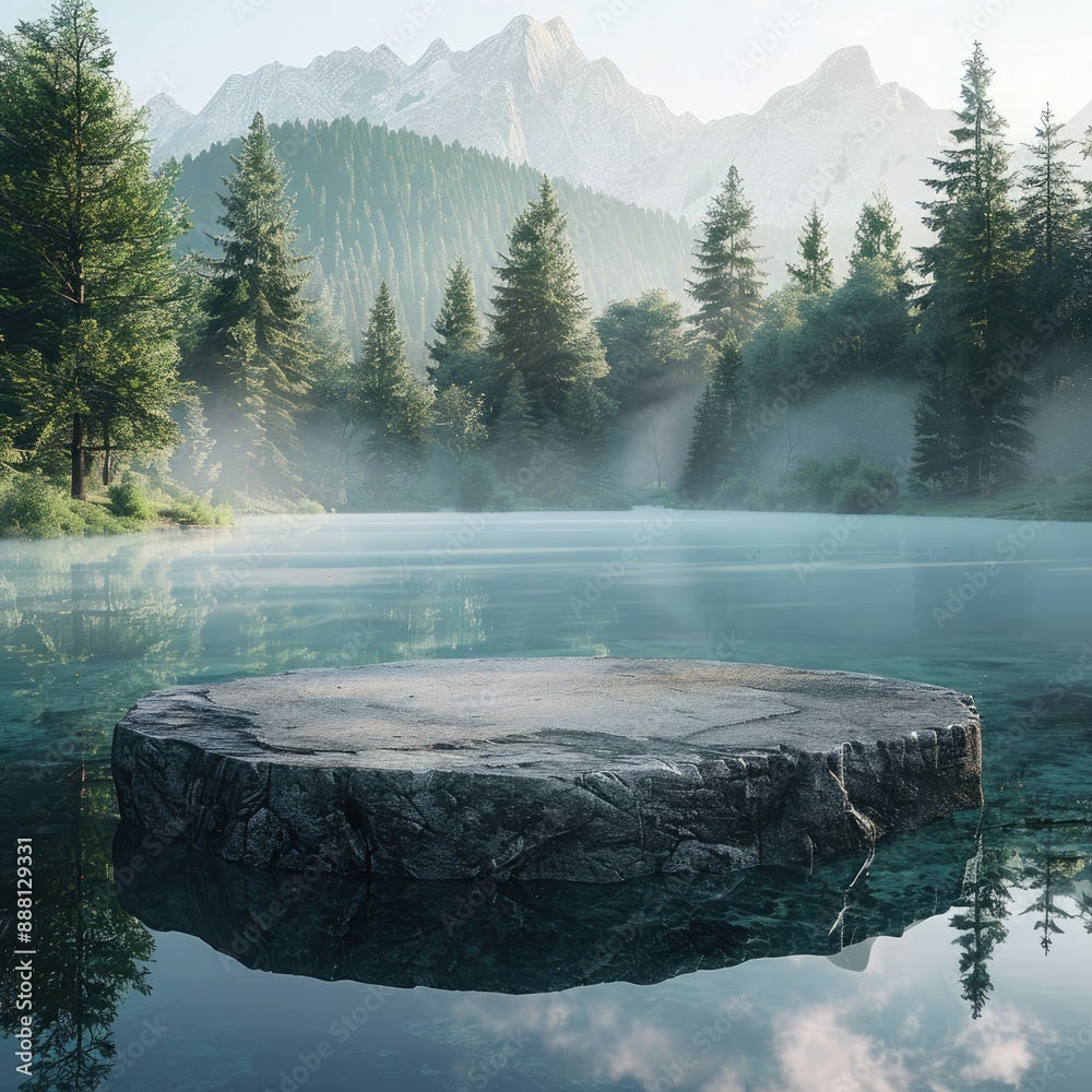Poster a stone pedestal display on a tranquil lake with a forested backdrop and misty mountains in the morn