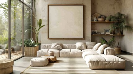 Obraz premium Cozy living room with large sofa, indoor plants, a wooden shelf, and a large window bringing in natural light.