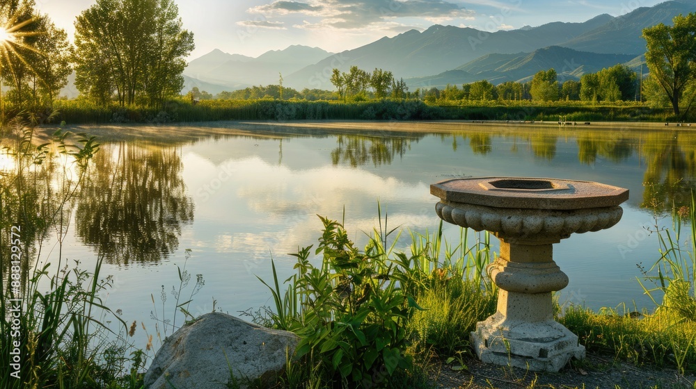 Aufkleber the morning sun casts a soft glow over a serene lake with a stone pedestal display on the water. the