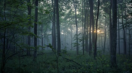 Obraz premium Wide view of a forest at dawn. 