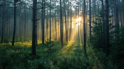 Obraz premium Wide view of a forest at dawn. 