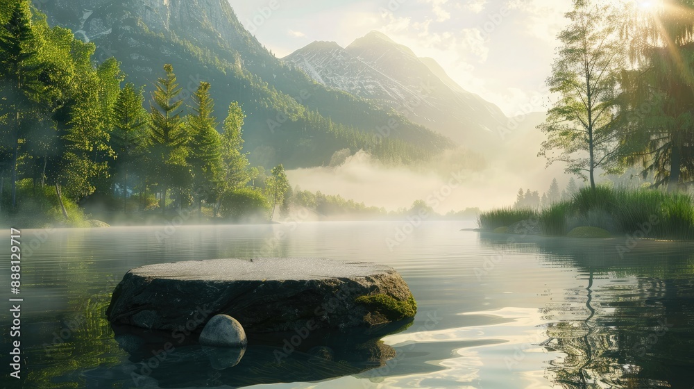 Poster the morning sun casts a soft glow over a serene lake with a stone pedestal display on the water. the