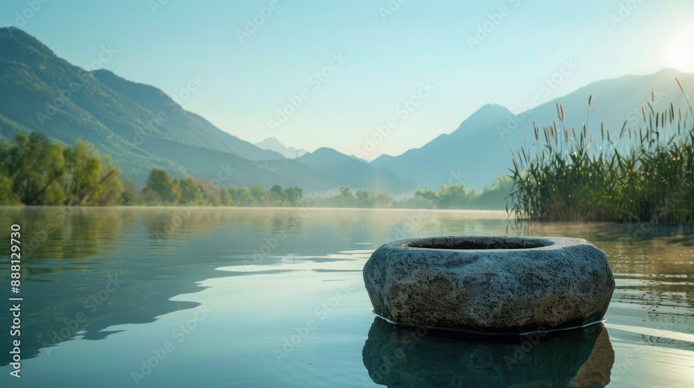 Poster the morning sun casts a soft glow over a serene lake with a stone pedestal display on the water. the