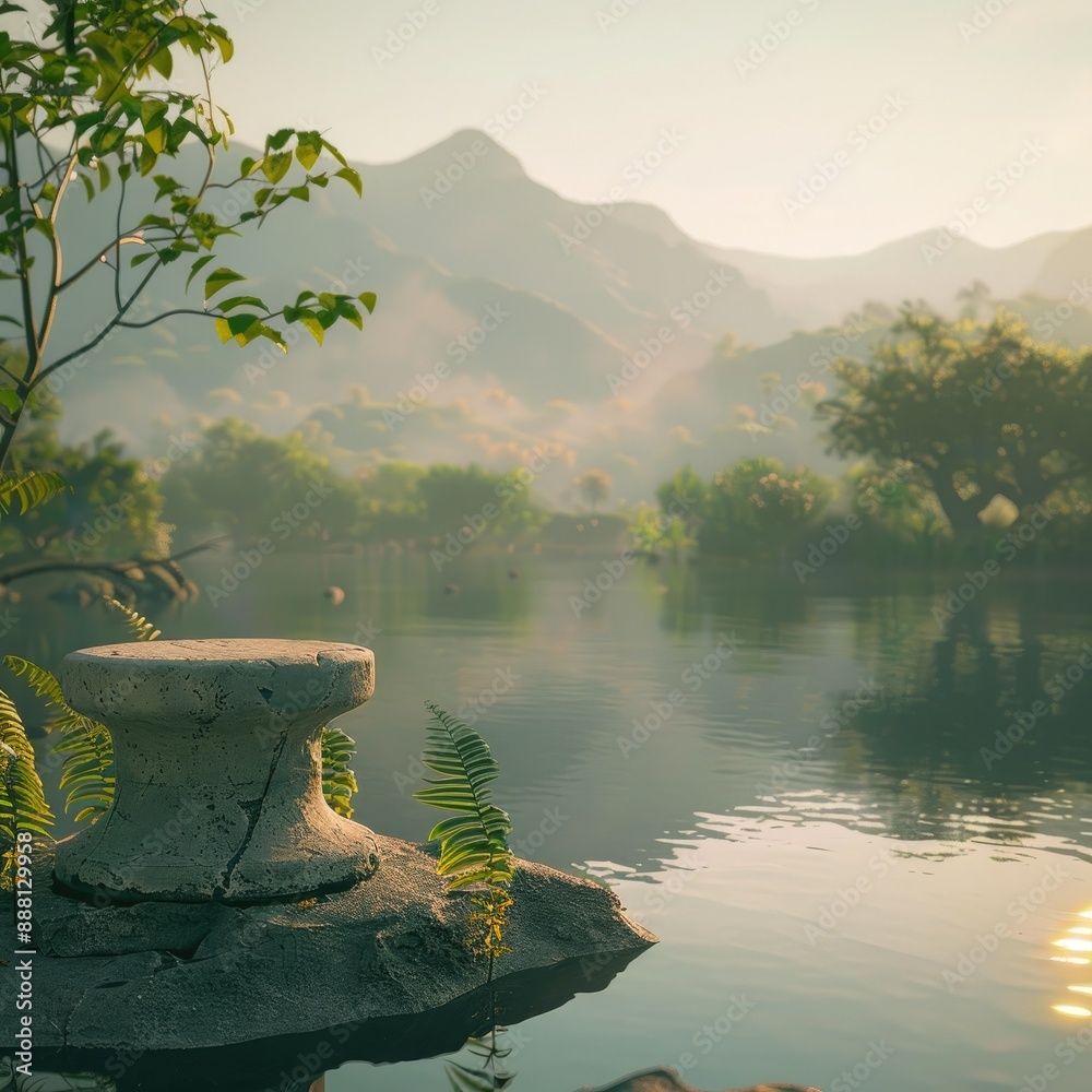 Poster the morning sun casts a soft glow over a serene lake with a stone pedestal display on the water. the