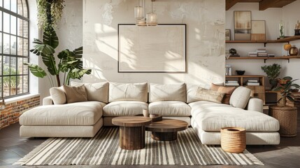 Modern living room with a cozy beige sectional sofa, wooden coffee tables, and green plants in a bright, stylish interior design.