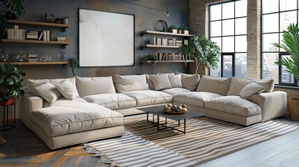 Modern living room with a large beige sectional sofa, indoor plants, and large windows bringing in natural light. Cozy and contemporary interior design.