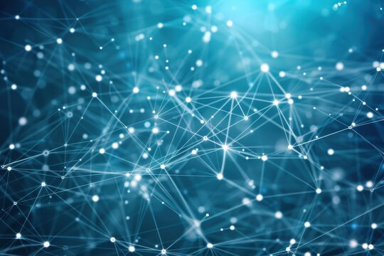 Digital illustration of data processing network with shapes and connections on blue background