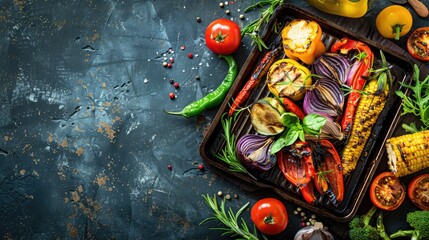 Fototapeta premium Ready to eat freshly baked grilled vegetables on rustic table keto paleo friendly veggie meal vegan vegetarian option