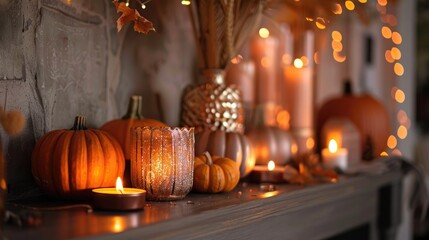Close up image of pumpkins and candles on mantelpiece in room