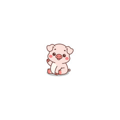 Cute pig sitting and waving paw cartoon, vector illustration