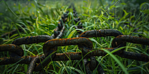 The Broken Chain: A shattered manacle lies amidst overgrown weeds, symbolizing the end of an era.