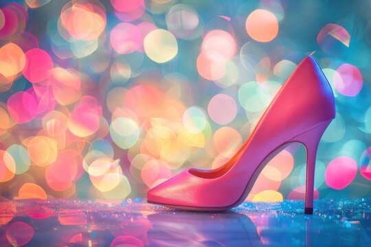 Pink high heels on colorful background with light spots