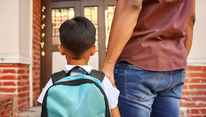 Close up of the back of a parent dropping their child off at school