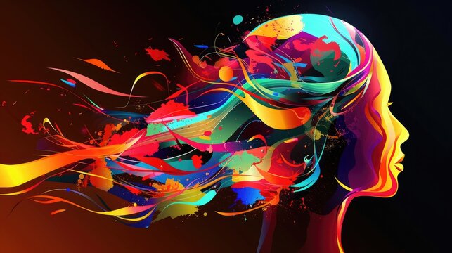 The silhouette of a head profile, adorned with abstract colorful shapes and forms flowing outward, representing the boundless creativity and innovative thinking within.