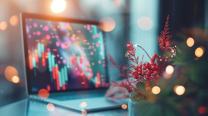 An investor analyzing market trends and financial charts on a laptop, emphasizing strategic planning and investment decisions. The image provides space for customizable financial and business themes.