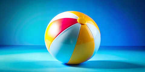 Vibrant colorful beach ball vector illustration on a bright blue background with white and yellow panels, shaded and lit to give a playful 3D appearance.