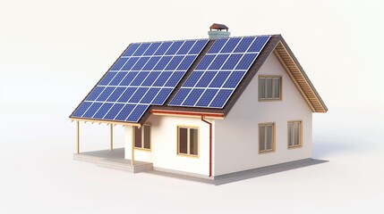 High-res 3D model of a house with solar panels, showcased on a pristine white backdrop.
