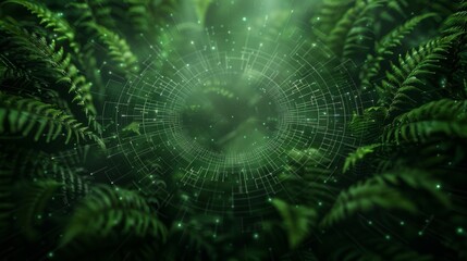 A mystical green matrix amidst lush fern leaves, signifying technology and nature intertwined in a fantasy forest setting.