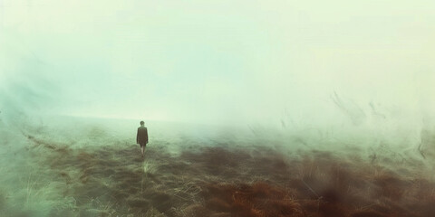 The Lost Vision: A misty landscape obscures the once grand view, as a solitary figure struggles to find their way.