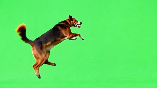 A dog jumping against green screen.