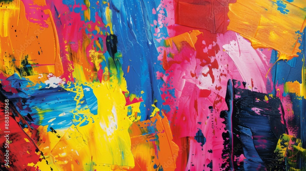 Poster a vibrant abstract painting with bold brush strokes and splashes of color.