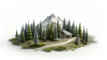 Fototapeta premium Scenic mountain cabin surrounded by pine trees with a snowy peak in the background and a winding path leading up.