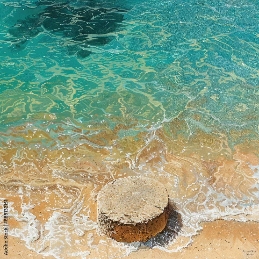 Poster a summer beach scene with clear turquoise water and an abstract stone podium on the sand, creating a