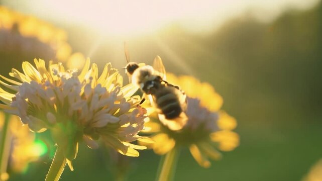 A bee is flying over a field of yellow flowers. The sun is shining brightly, casting a warm glow on the scene. Concept of peace and tranquility