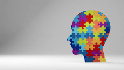 Human head profile and jigsaw puzzle. 3d render