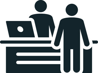 Businessman standing at reception desk talking to receptionist icon