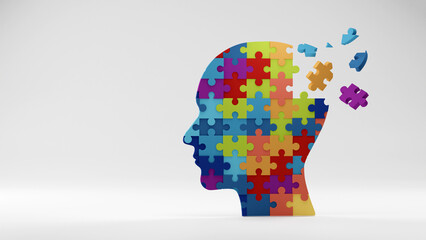 Human head profile and jigsaw puzzle. 3d render