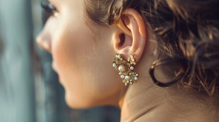 A woman's ear adorned with vintage clip-on earrings from the 1950s era.