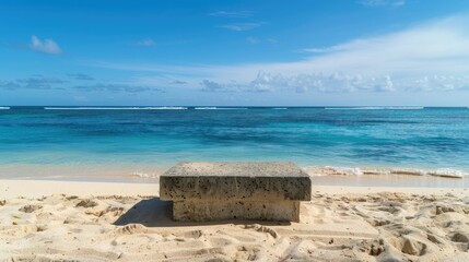 Fototapeta premium The clear blue tropical sea and soft sand create a serene backdrop for an abstract stone podium on the beach. 