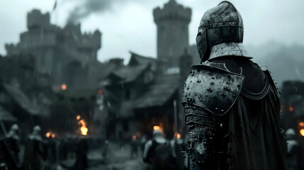 Medieval knight in armor overlooks a castle siege, surrounded by chaos and flames, intense battle scene from the dark ages. high quality