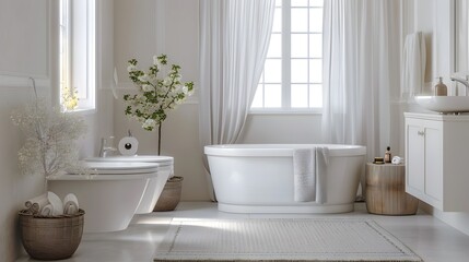 Fototapeta premium Bright and Serene Bathroom with Freestanding Tub and Vanity in Neutral Tones