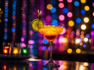 Cocktails on disco bokeh background. Cocktail and nightclub concept. Generative AI.