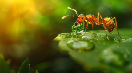An ant inspecting a droplet of water on a green leaf, reflecting its curiosity.