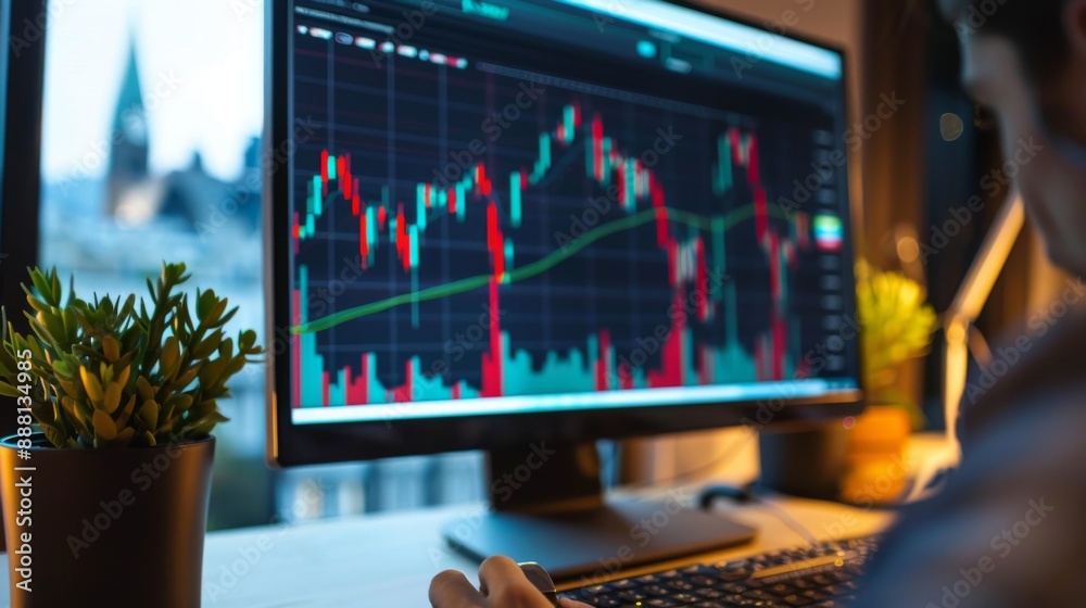 Aufkleber an investor reviewing a stock market graph on a computer screen at home.