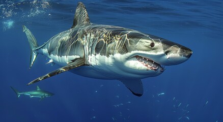 Naklejka premium Great White Shark Swimming Underwater With Open Mouth