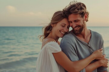 Happy couple embracing on beach during sunset romance concept