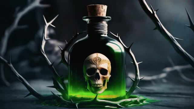 Thorny Shadows Surround Potion Bottles with Skulls in a Dark Setting