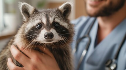 A veterinarian holds a playful raccoon during a checkup at the clinic, ensuring its health.