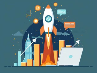 Fototapeta premium Rocket and laptop, online business growth, flat design illustration
