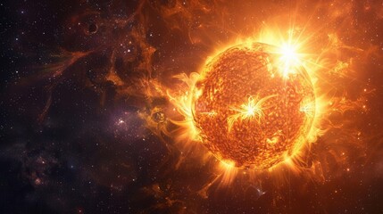 Fototapeta premium sun in space, the sun with erupting solar flares, closeup, intense heat, bright yellow and orange, dark space background, vibrant and powerful